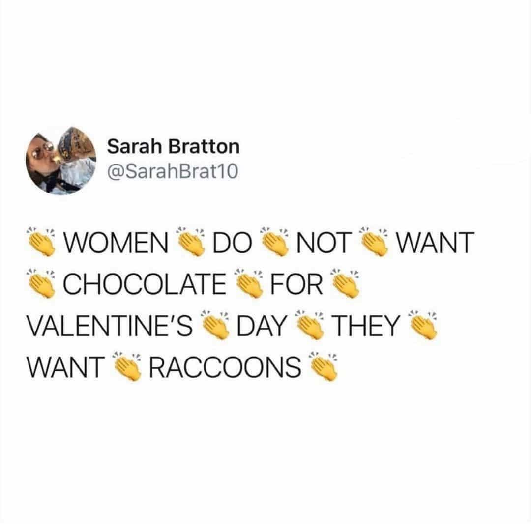 Humorous Valentine’s Day tweet claiming women actually want raccoons instead of traditional chocolate gifts.