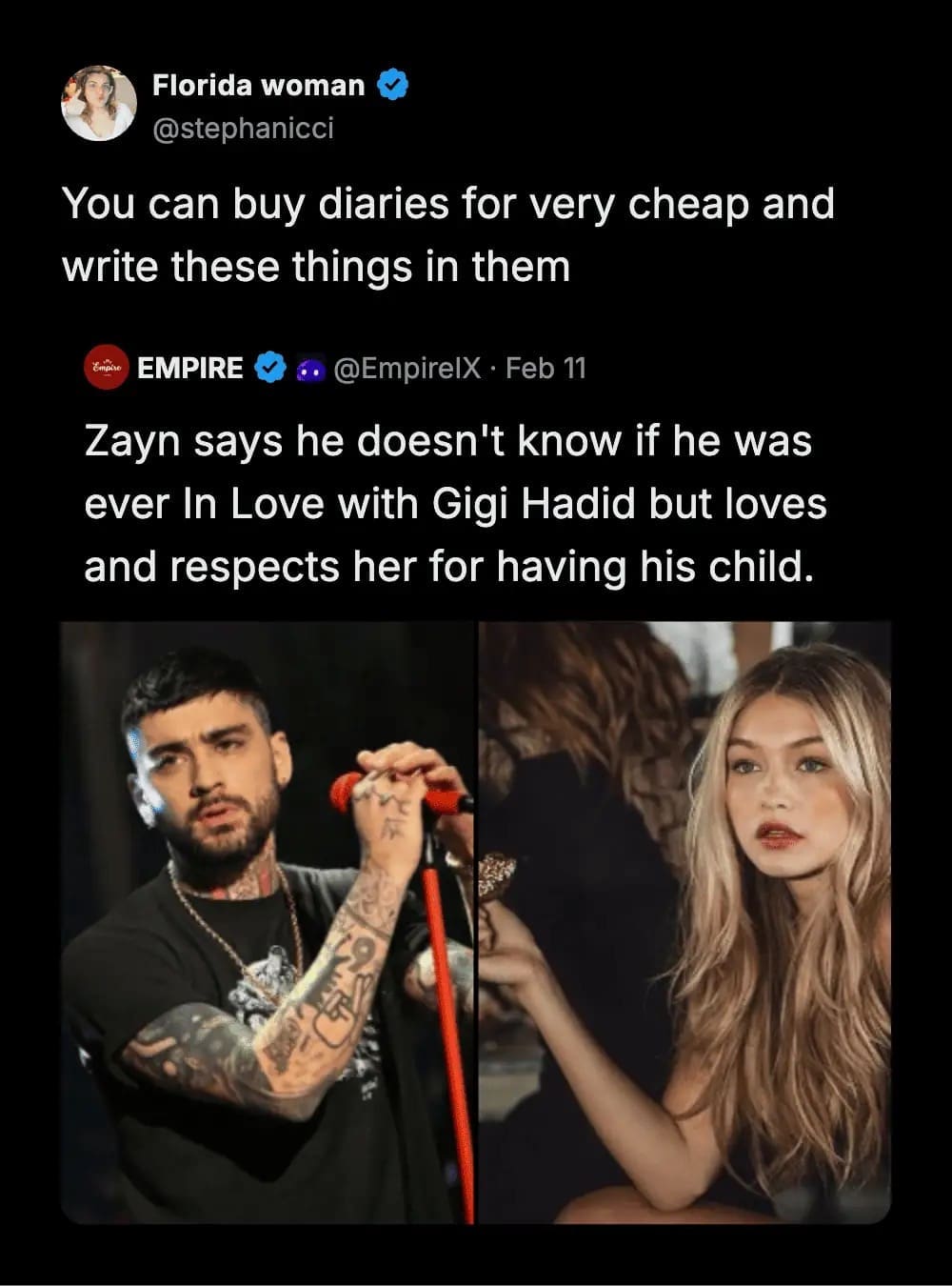 Celebrity news post about Zayn Malik and Gigi Hadid with a sarcastic diary suggestion comment.
