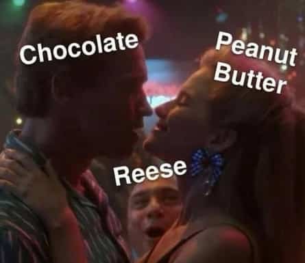 Meme showing two people about to kiss labeled chocolate and peanut butter creating a Reese's.