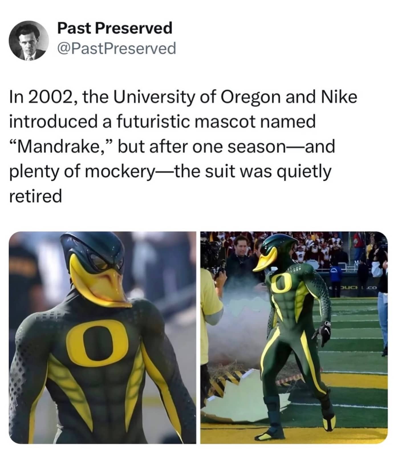 Two images of the University of Oregon’s failed futuristic mascot "Mandrake" from 2002.