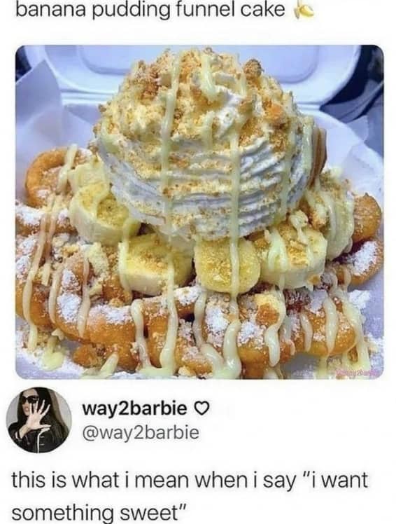 Decadent banana pudding funnel cake with whipped cream and caramel drizzle for a sweet dessert craving.