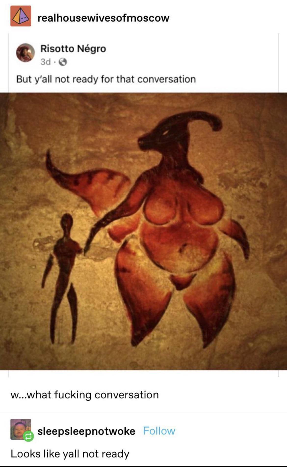 Cave painting of a large, stylized dinosaur-like figure standing next to a small human silhouette.