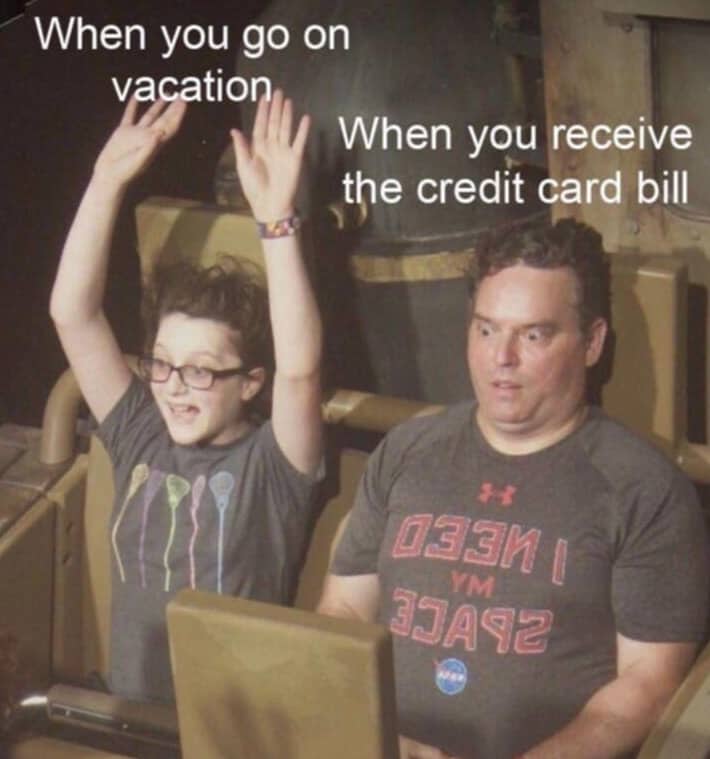 Rollercoaster photo comparing a child's vacation excitement to a father's shock at the credit card bill.