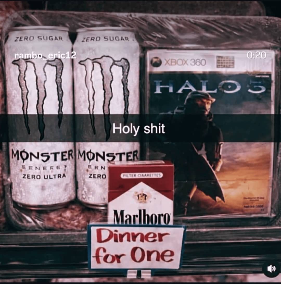 Cursed dinner for one meme featuring Monster energy drinks, cigarettes, and a copy of Halo 3.