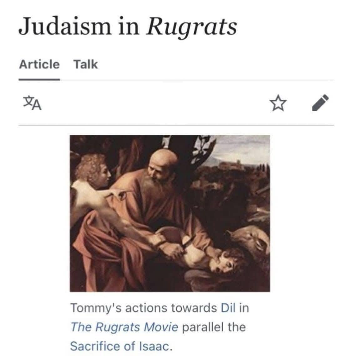 Wikipedia edit humorously comparing Rugrats movie characters to the biblical Sacrifice of Isaac classical painting.