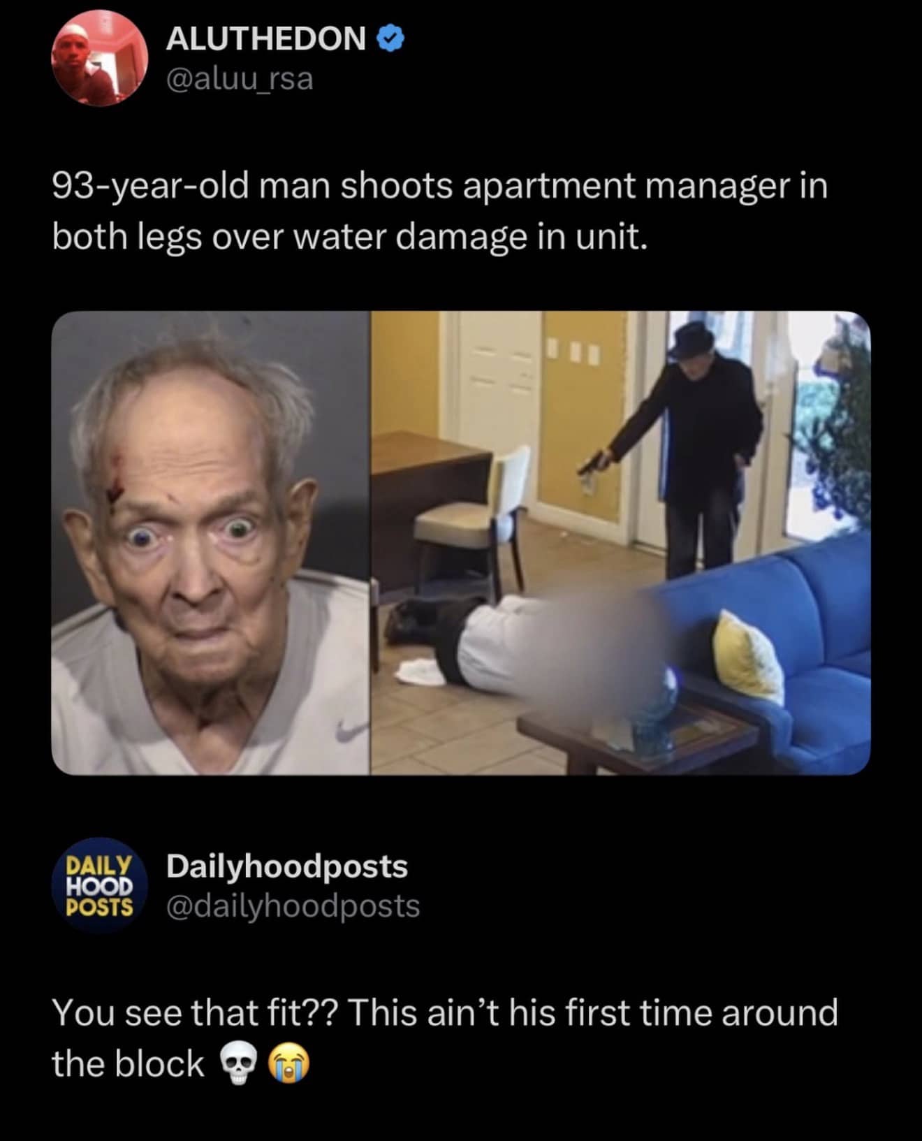 Mugshot and surveillance footage of a 93-year-old man in a suit after a rental dispute shooting.