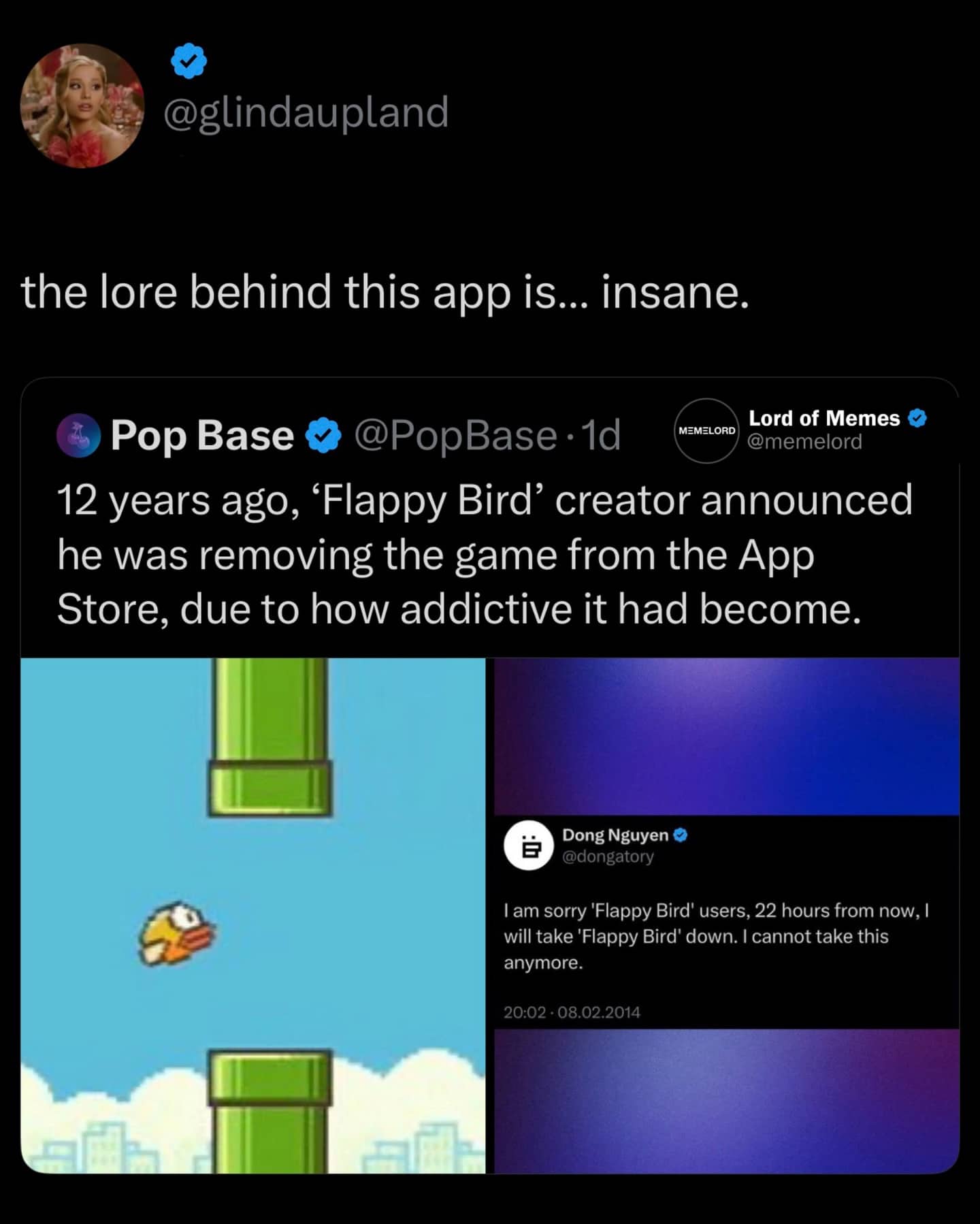 Social media post explaining the lore and removal of the addictive mobile game Flappy Bird.