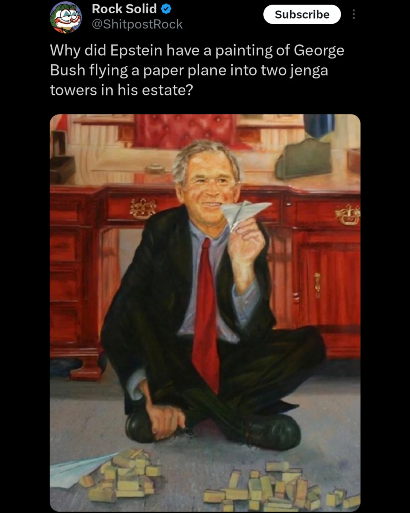 Painting of George W. Bush sitting on a floor playing with paper planes and Jenga blocks.