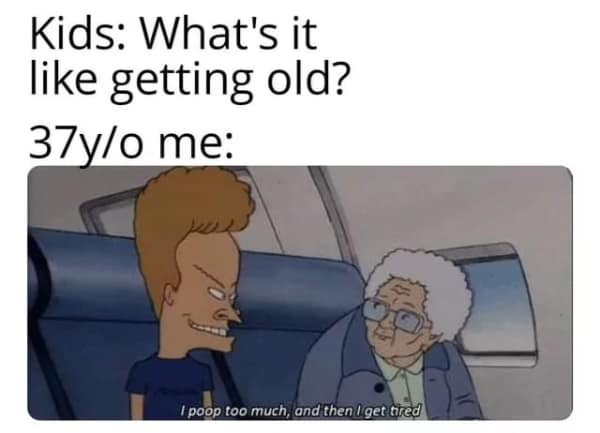 A hilarious getting old meme using Beavis and Butthead to explain that aging is basically just digestion issues and fatigue.