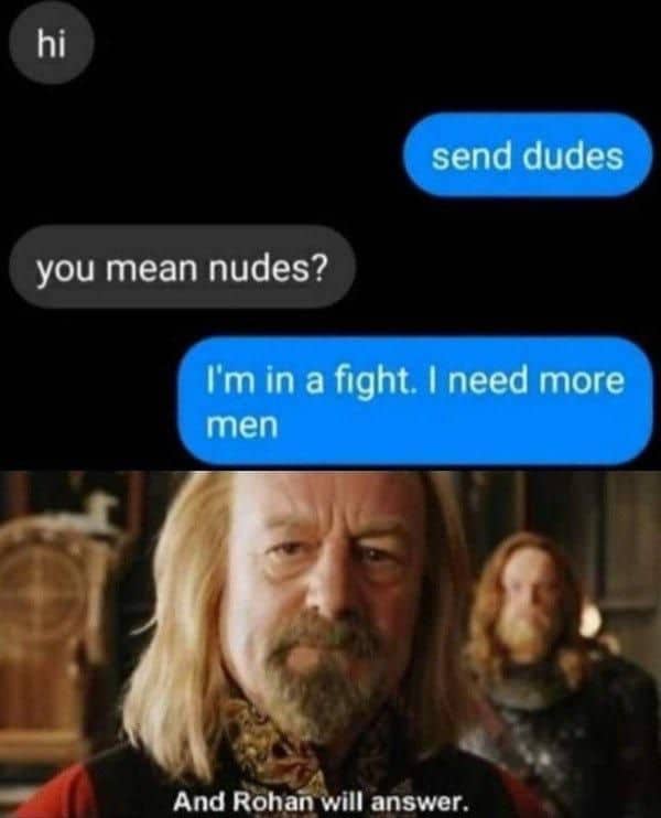Meme showing a text request for send dudes followed by a Lord of the Rings Rohan will answer reaction.