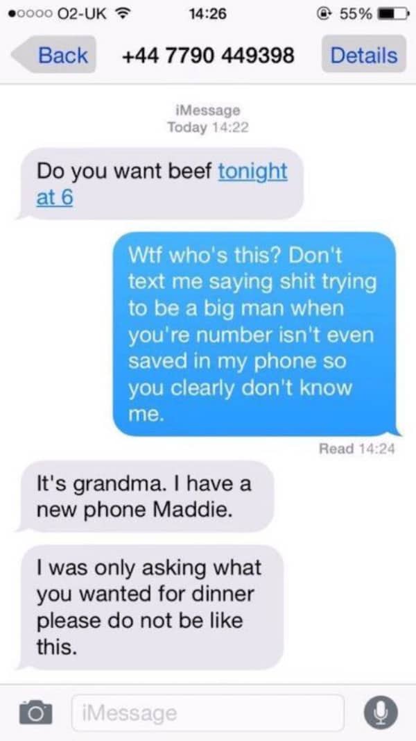 Funny text thread where a granddaughter accidentally roasts her grandma for having a new unsaved phone number.