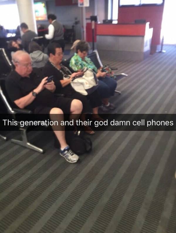 Snapchat photo of elderly people on their phones with a caption mocking the this generation cell phone stereotype.