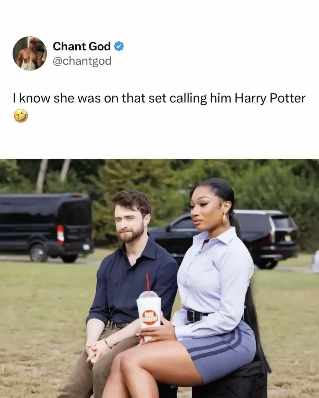 A funny Harry Potter meme featuring Daniel Radcliffe and Megan Thee Stallion sitting together, captioned with the certainty that she was definitely calling him "Harry Potter" on set.
