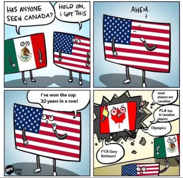 Comic strip featuring country flags discussing the Stanley Cup drought in a funny hockey meme.