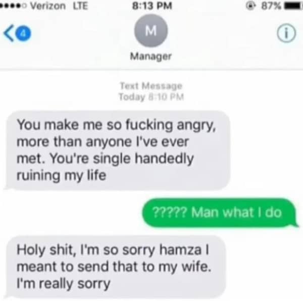 Text conversation where a manager accidentally sends a message meant for his wife to Hamza.