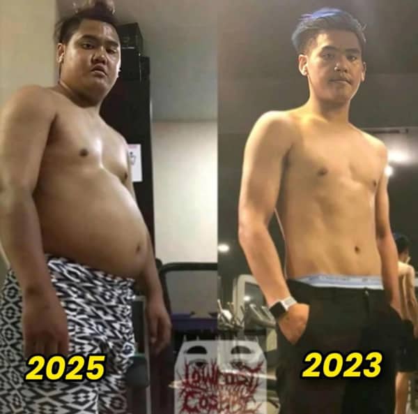 Side by side weight loss transformation photos with the years 2025 and 2023 swapped.
