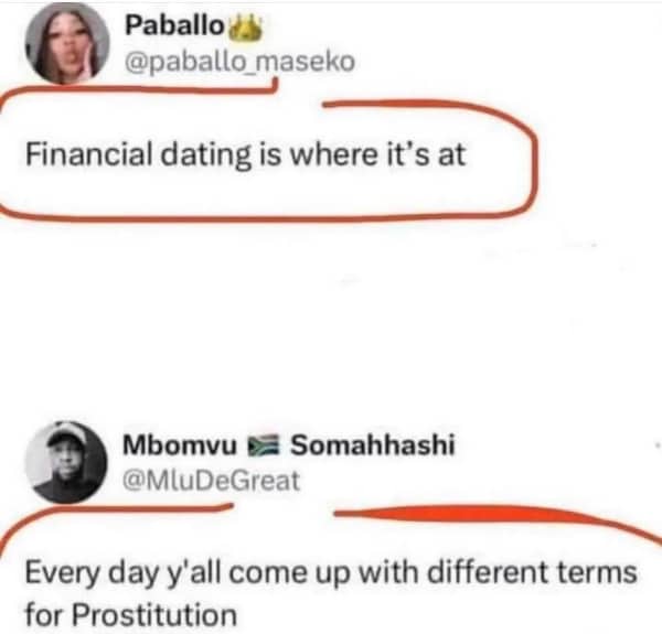 Twitter exchange regarding the term financial dating being a synonym for the oldest profession.