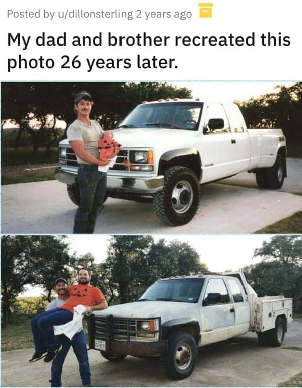 Dad holding a baby by a white truck recreated 26 years later with grown son.