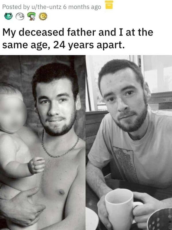 Black and white comparison of a father and son at the same age 24 years apart.