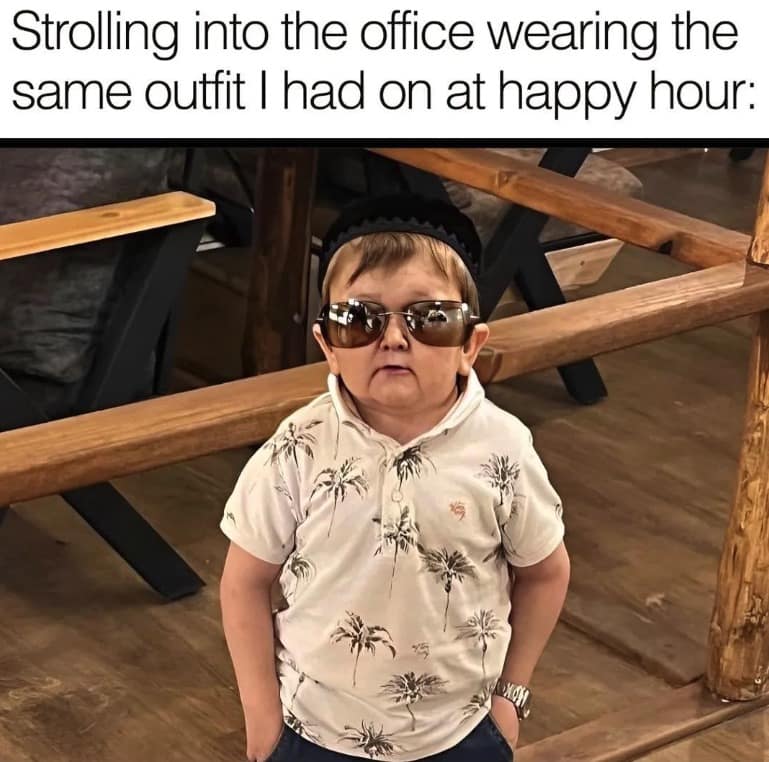 Hasbulla wearing sunglasses and a tropical shirt. Confidently strolling into the office wearing the same happy hour outfit.