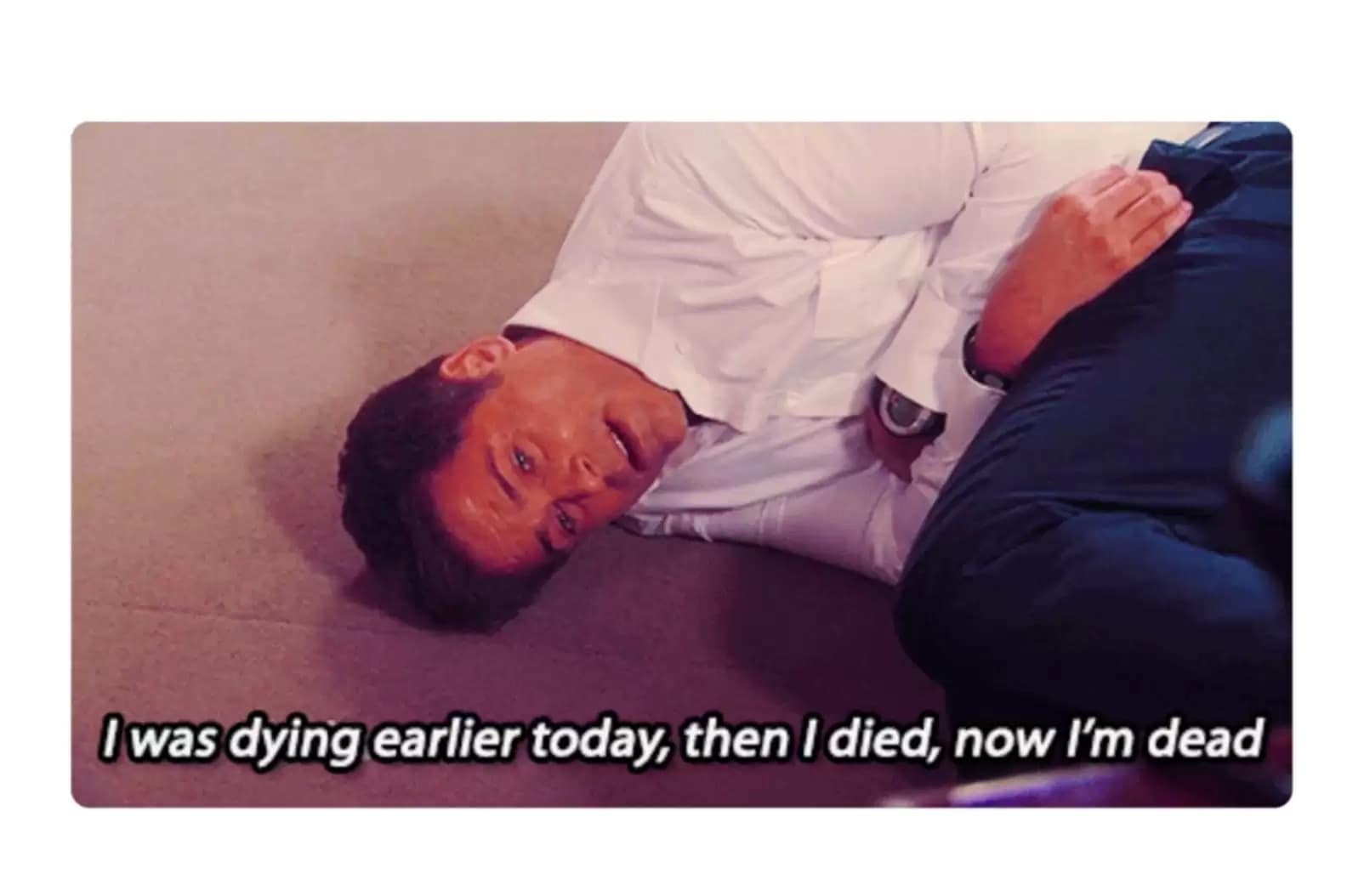 ob Lowe lying on the floor stating he died. Classic reaction for feeling completely destroyed after a long night out.