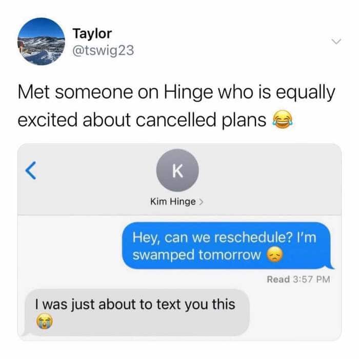 A top-tier dating social anxiety meme showing a Hinge text exchange where both people simultaneously try to cancel their date, perfectly captioned "Met someone on Hinge who is equally excited about cancelled plans".