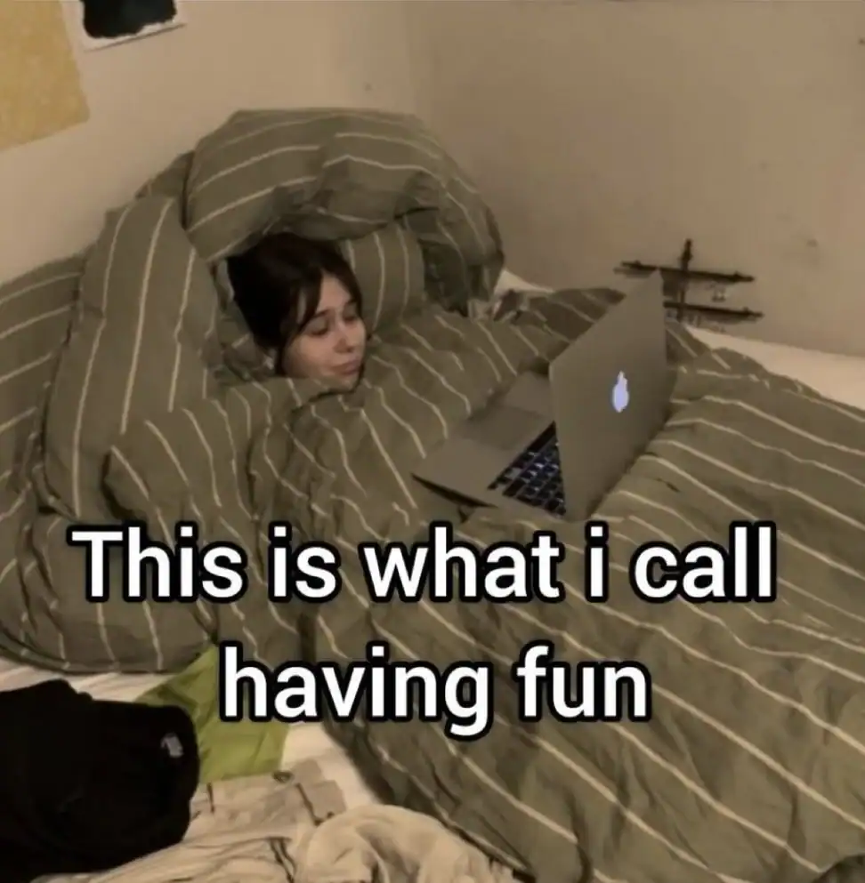 A person wrapped like a burrito in blankets while happily looking at a laptop in bed.