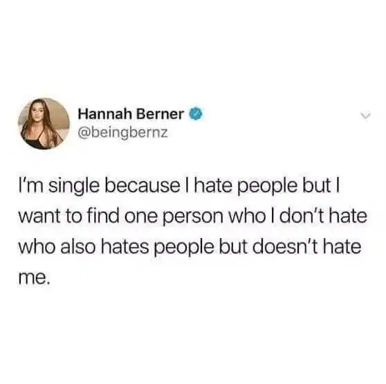 A social media post about being single because it’s hard to find a fellow people-hater.