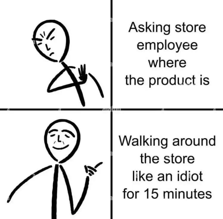 A four-panel stick figure meme showing a refusal to ask employees for help in a store.