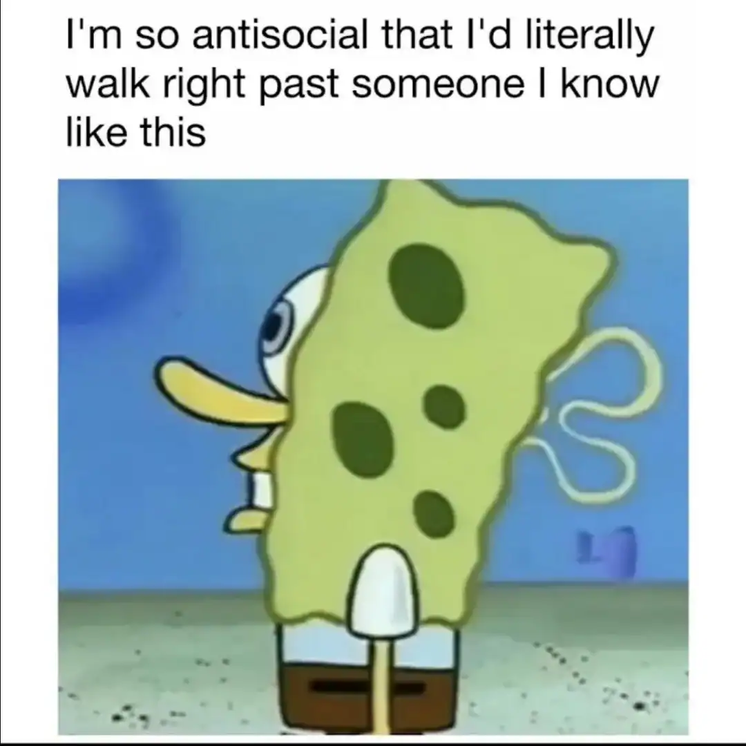 Spongebob Squarepants looking straight ahead while walking to avoid eye contact with someone he knows.