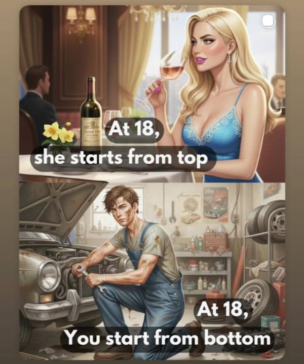 AI-generated comparison showing a woman at 18 dining with wine versus a man at 18 working as a mechanic.