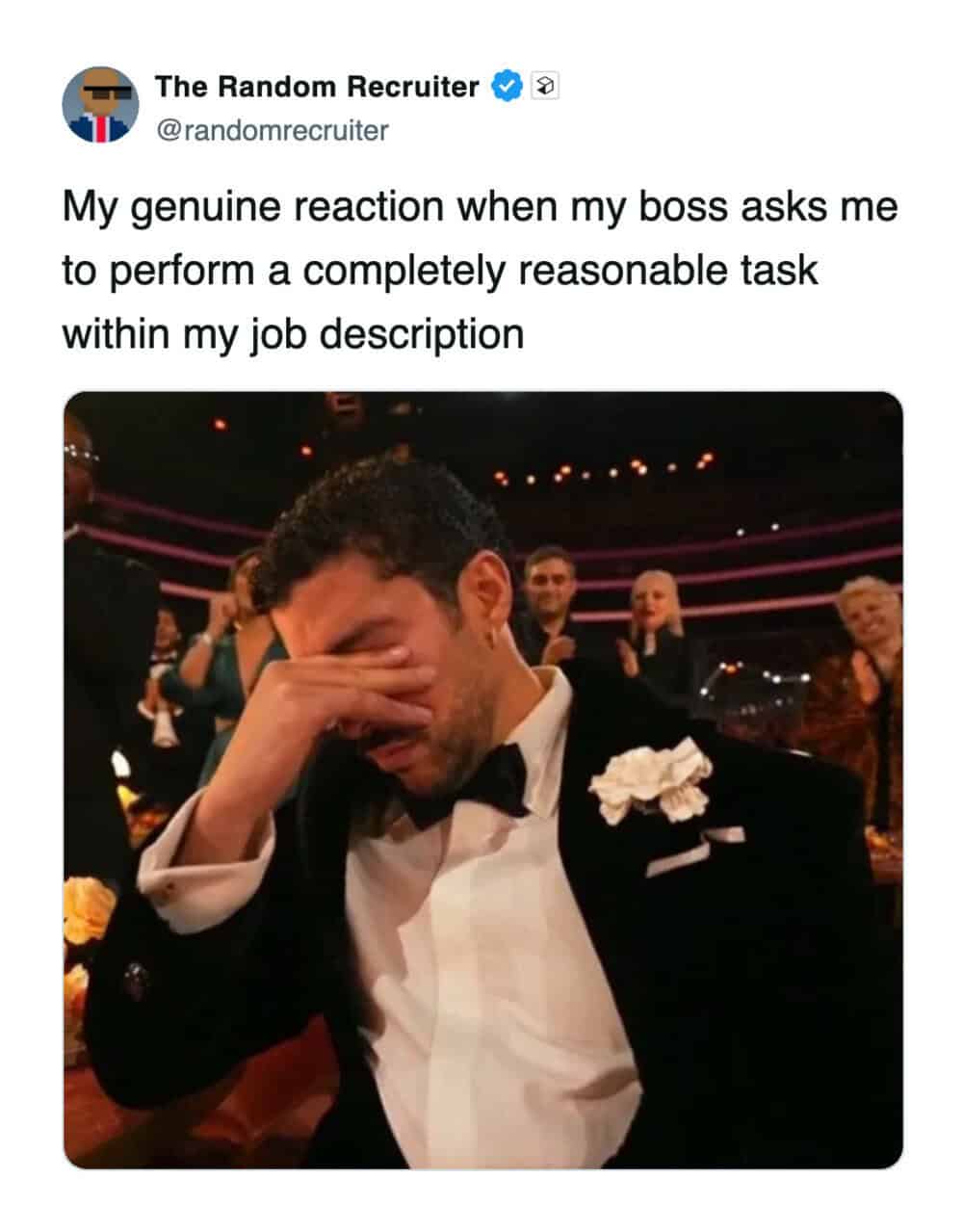 Reaction image meme showing deep emotional distress when a boss asks for a standard task within a job description.