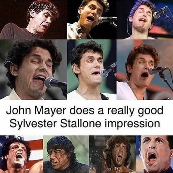 Side-by-side comparison of John Mayer’s intense guitar faces and Sylvester Stallone’s yelling action faces.