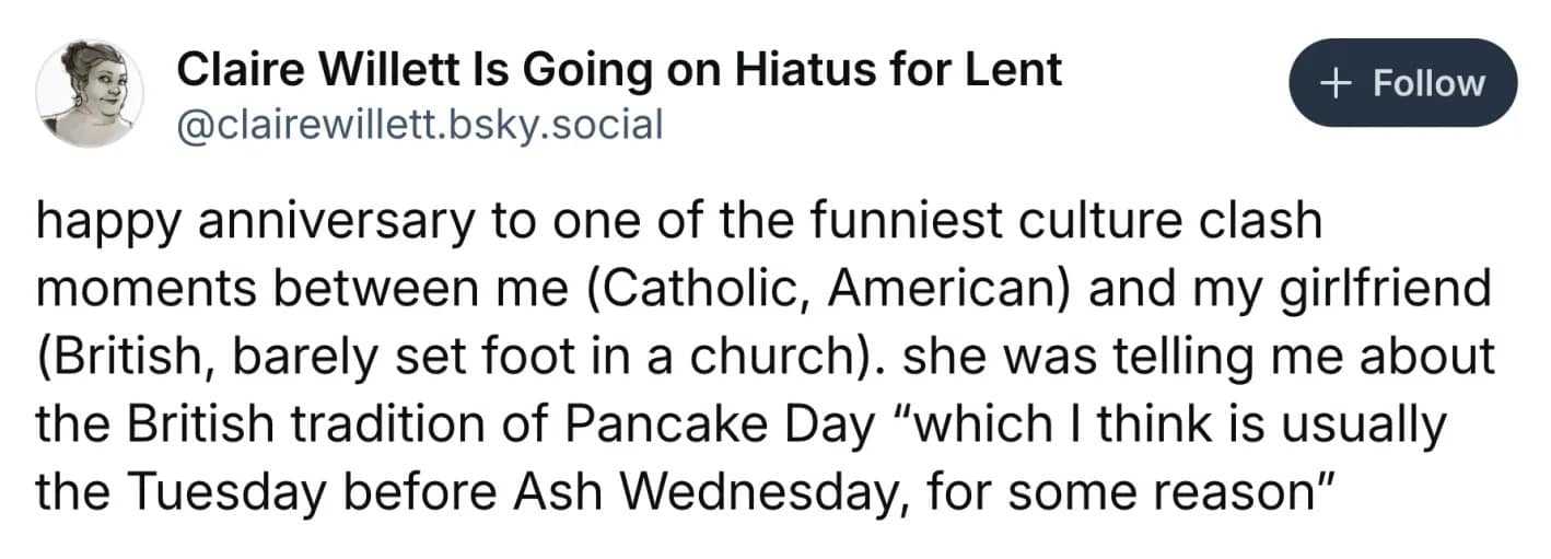 A cultural clash lent meme tweet highlighting the confusion between the religious observance of Ash Wednesday and the British secular tradition of "Pancake Day" happening "for some reason."