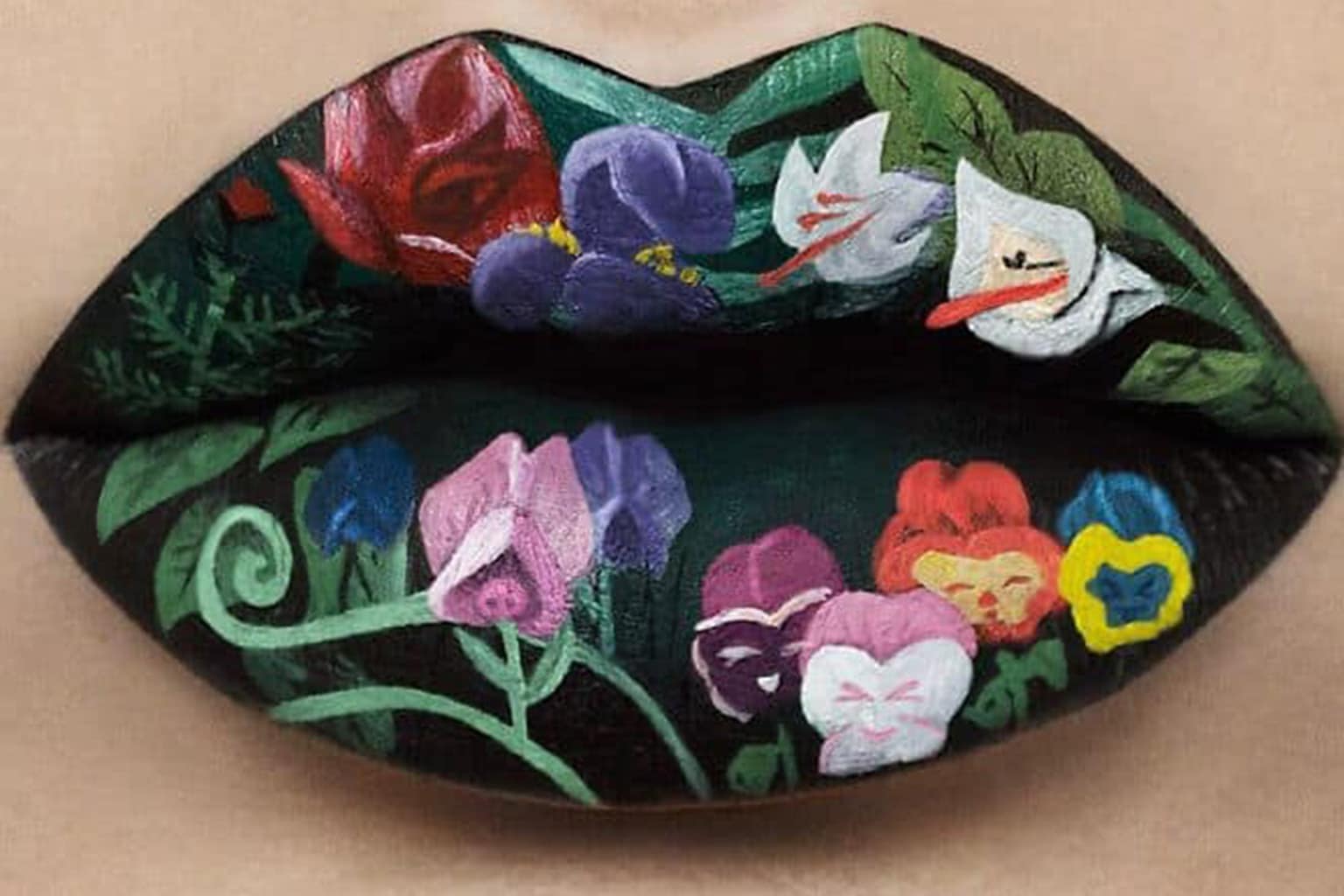 Amazing lip art compilation: A collage featuring a 3D-painted fuzzy bumblebee resting on the mouth, a hyper-realistic 3D honeycomb with dripping honey, and a beautiful impressionist painting of a field of red poppies.