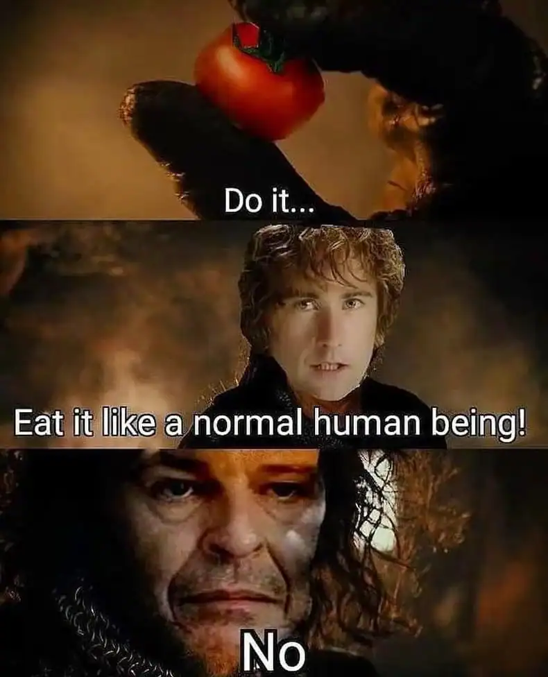 A Lord of the rings meme showing Elrond begging Denethor to eat a cherry tomato like a normal human being, only for Isildur to dramatically refuse.