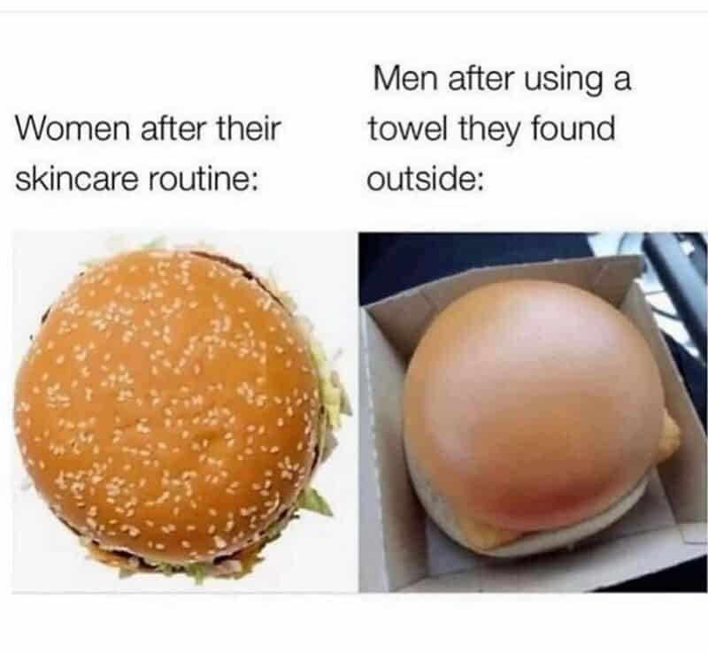 A skincare marriage meme comparing women's complex routines to men's effortless skin, joking that men look perfect even after using a "towel they found outside."