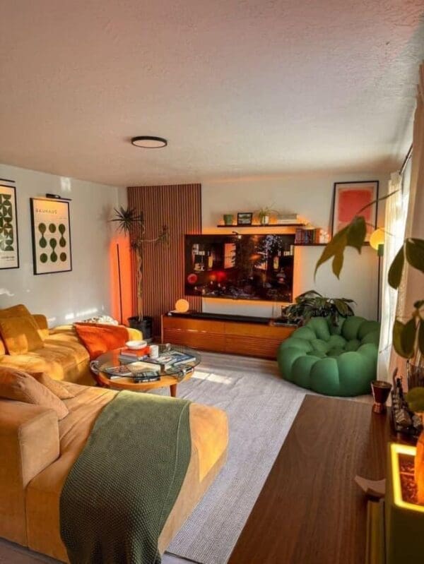 A cozy masculine home decor living room featuring a retro green bubble chair, a wood slat accent wall, and warm orange ambient lighting behind the TV for a relaxed vibe.