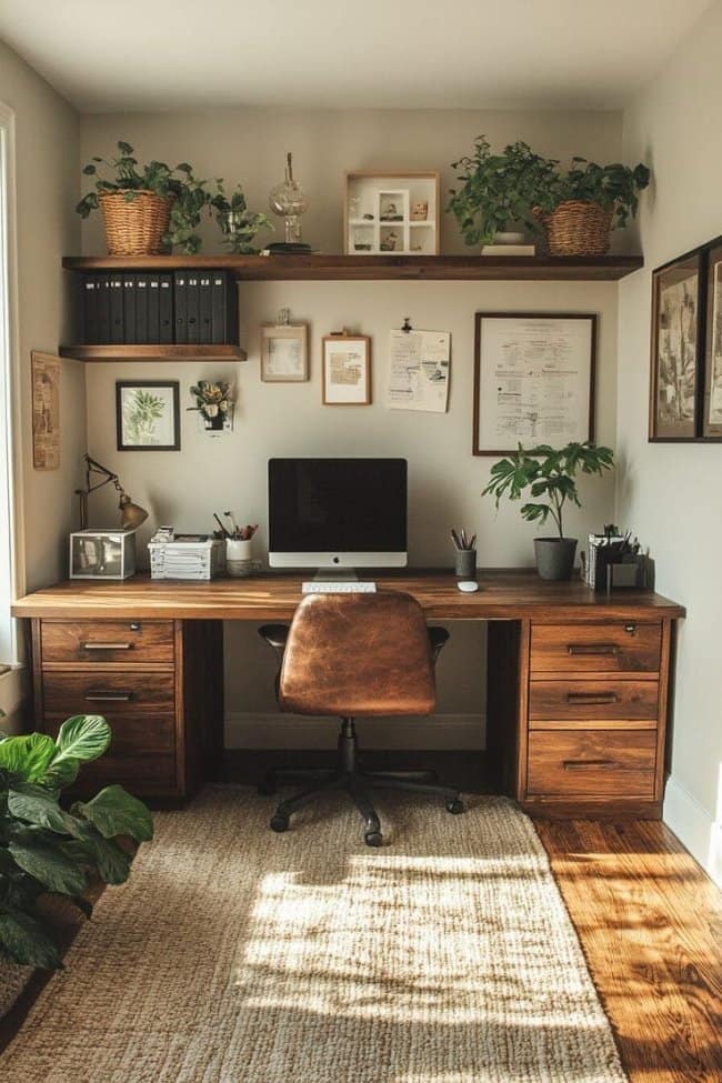 A clean and organized masculine home decor workspace featuring a rich walnut desk, a brown leather chair, and floating shelves adorned with greenery.