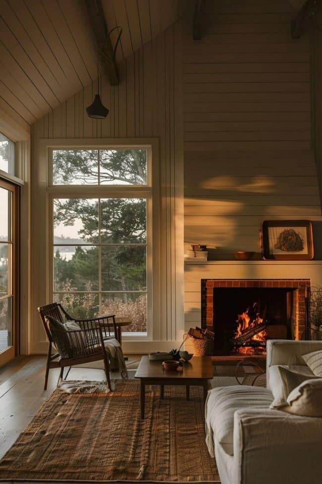 A rustic masculine home decor living space with white wood-paneled walls, a roaring brick fireplace, and tall windows framing a peaceful woodland view.