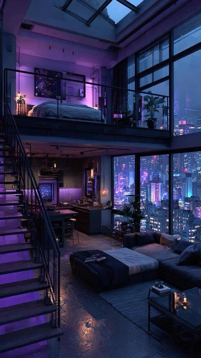 A futuristic awesome home decor penthouse loft illuminated by purple neon lights, featuring a suspended bedroom and a panoramic view of a cyberpunk-style city at night.