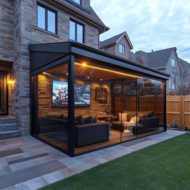 A modern awesome home decor glass-enclosed sunroom extension featuring a cozy lounge area with a TV and warm lighting, seamlessly blending indoor luxury with the outdoors.