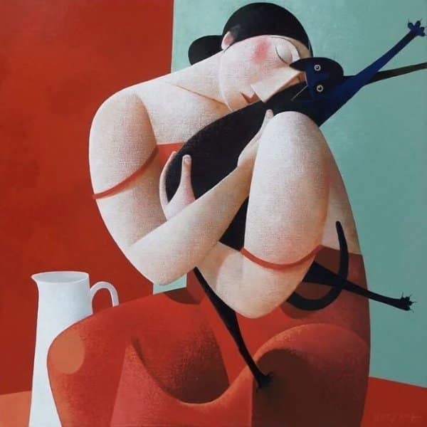 Woman in a red dress hugging a long black cat in a stylized piece reminiscent of a medieval cat painting