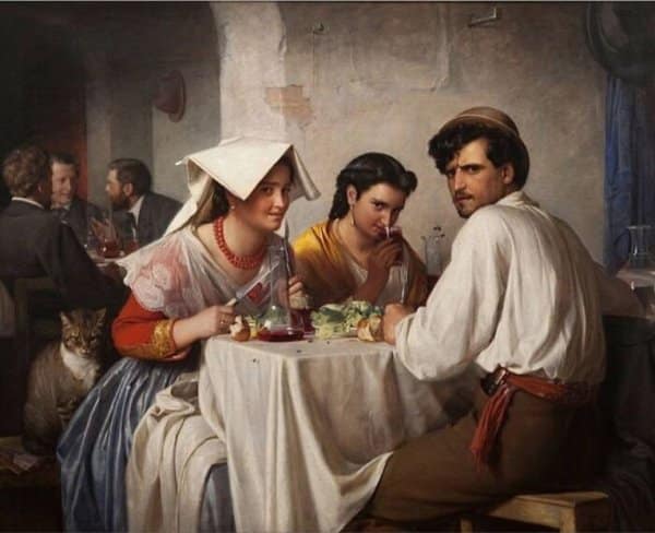 Classical tavern scene painting where a tabby cat glares directly at the viewer from a chair next to dining peasants