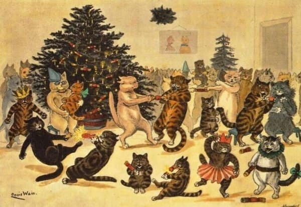 Louis Wain illustration of cats celebrating Christmas dancing and pulling crackers. Classic holiday feline art.