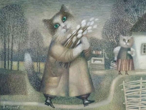 Folk art painting of an anthropomorphic cat wearing a trench coat and carrying pussy willow branches in a village.