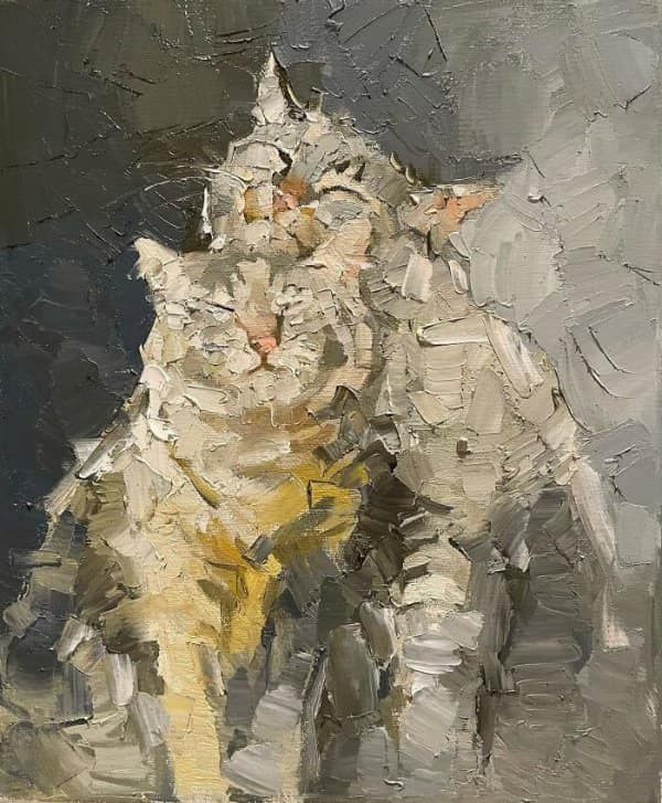 Heavy impasto palette knife oil painting of two fluffy cats snuggling closely together in textured grey and white tones.
