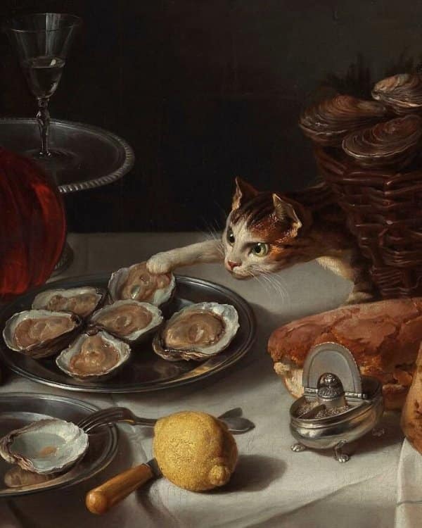 Humorous medieval cat painting showing a mischievous feline reaching its paw to steal an oyster from a silver platter.