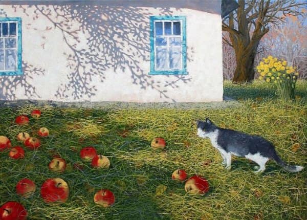 Tuxedo cat standing in a grassy yard surrounded by fallen red apples next to a white cottage