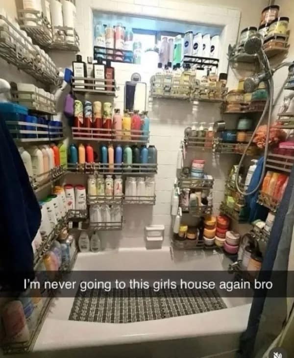 Shower filled with hundreds of shampoo bottles funny meme about red flags and dating hygiene